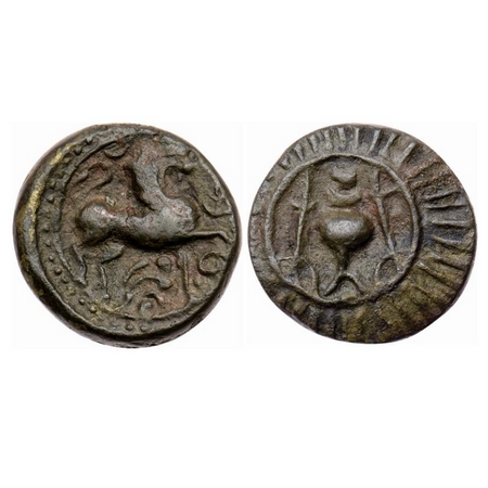Vishnukundins, Anonymous Issue, Copper Base Alloy, 7.12gm, Andhra Region, Obv: Lion facing