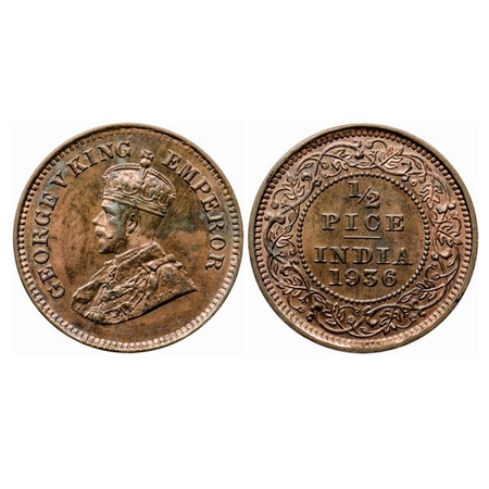 George V, Bronze, 1/2 Pice, 1936, Calcutta Mint, No mint mark. GK 1222. Brilliant Uncircul