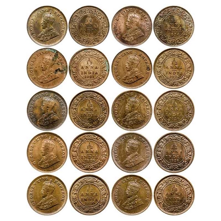 George V, Bronze 1/12 Anna (10 Coins), 1912, Calcutta Mint, No dot, 1914, Calcutta Mint, N