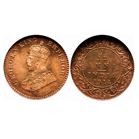 George V, Bronze 1/12 Anna, 1914, Calcutta Mint, No dot. GK 1225. MS 63, NGS Slabbed. Rare