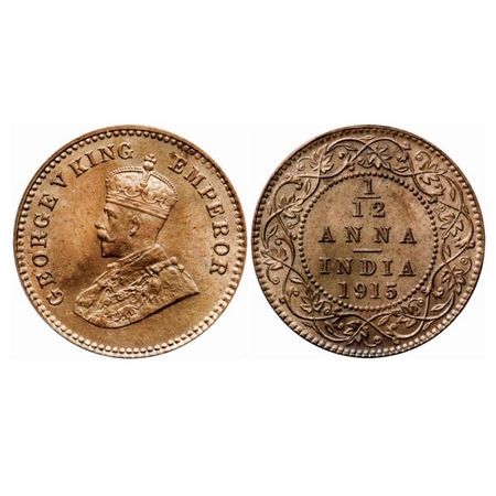 George V, Bronze 1/12 Anna, 1915, Calcutta Mint, No dot, Die crack on Obv. GK 1226. Brilli