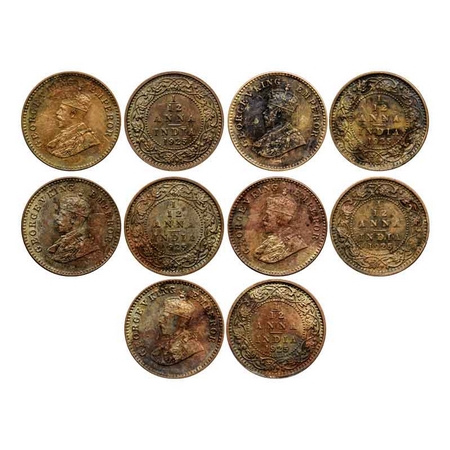 George V, Bronze 1/12 Anna (5 Coins), 1925, Calcutta Mint, No dot. GK 1238. Rainbow Toned,