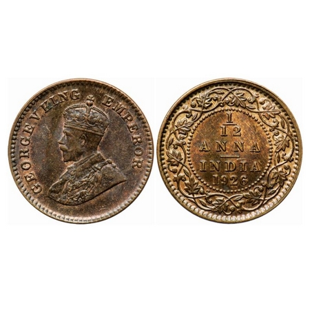 George V, Bronze 1/12 Anna, 1926, Calcutta Mint, No dot, Ghost on Rev. GK 1240. Uncirculat
