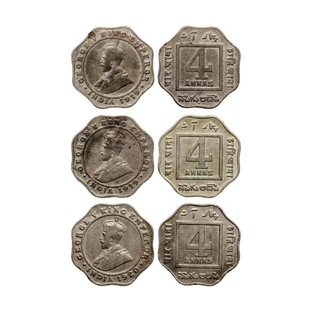 George V, Copper-Nickel 4 Anna (3 Coins), 1919, Bombay Mint, Dot, 1919, Calcutta Mint, No