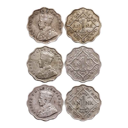 George V, Copper-Nickel 1 Anna (3 Coins), 1924, Calcutta Mint, No dot, 1927, Bombay Mint,