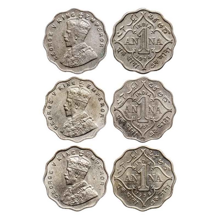 George V, Copper-Nickel 1 Anna (3 Coins), 1934, Calcutta Mint, No dot, 1935, Bombay Mint, 