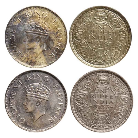 George VI, Silver Rupee (2 Coins), 1938, Bombay Mint, Type II, with and without dot. GK 12