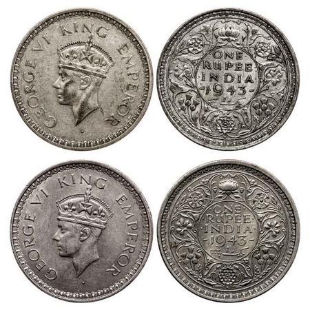 George VI, Half Silver Rupee (2 Coins), 1943 , Bombay Mint, 1) C/III, Diamond, Security ed