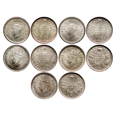 George VI, Silver 1/2 Rupee (5 Coins), 1938, Bombay Mint, Head type I, A/I, Dot (XF 40, GK