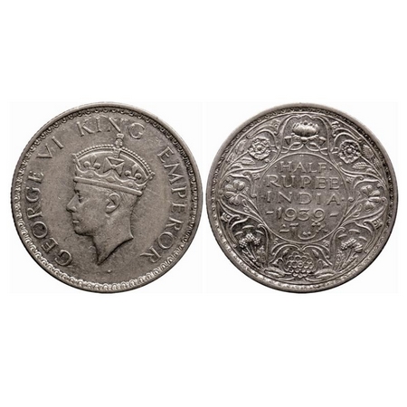 George VI, Half Silver 1/2 Rupee, 1939, Calcutta Mint, Head type II, A(a)/I, No dot, Mille