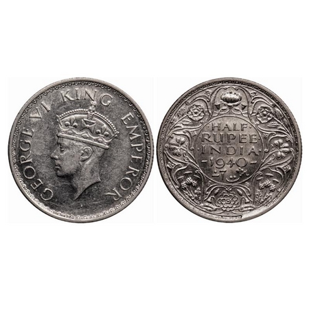 George VI, Half Silver 1/2 Rupee, 1940, Bombay Mint, Head type II, A(a)/I, Dot, Milled edg