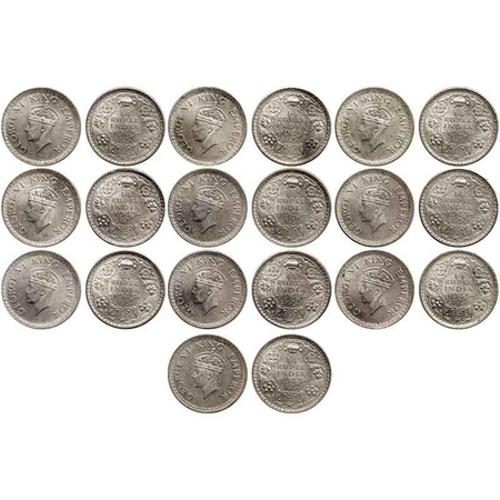 George VI, Half Silver Quarter Rupee (10 Coins), 1943, Calcutta Mint, Head type II, Revers