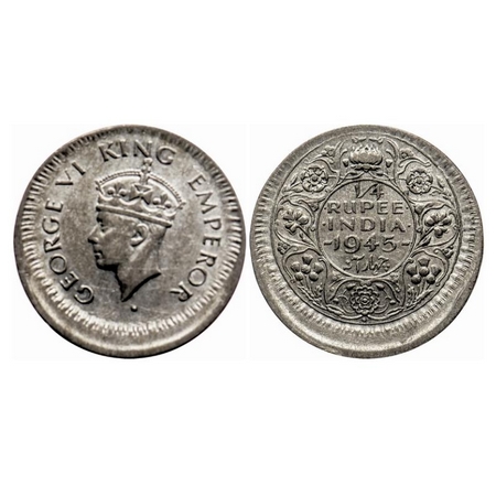 George VI, Half Silver Quarter Rupee, 1945, Bombay Mint, Head type II, Rev II, Dot, Securi