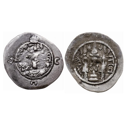 Indo Sassanian Empire, Silver Drachma, 4.02gm, Obv: Crowned bust of king facing to right, 