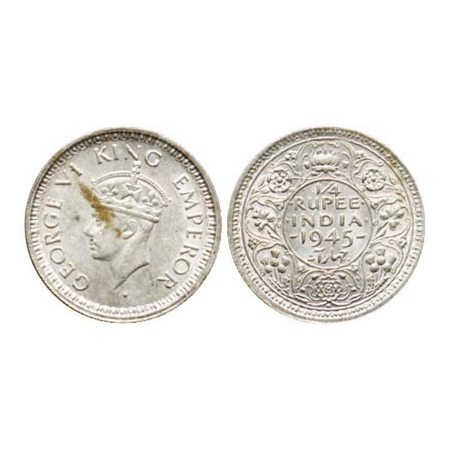 George VI, Half Silver, Quarter Rupee, 1945, Bombay Mint, Type II, Large 5, Security edge.