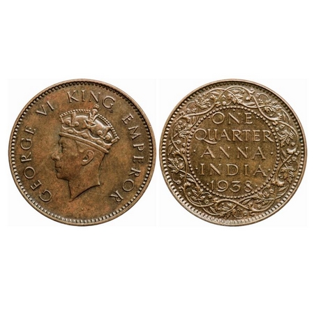 George VI, Bronze Quarter Anna, 1938, Bombay Mint, Head type I, Dot, Dots by One, Small ye