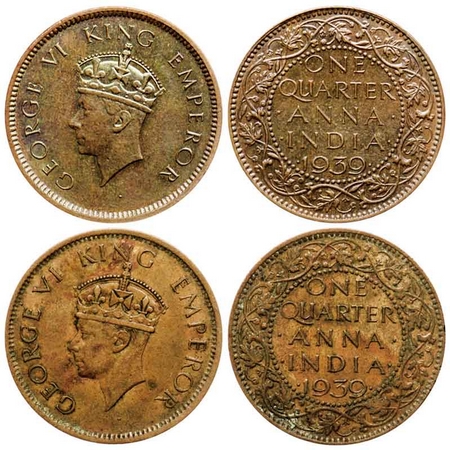 George VI, Bronze Quarter Anna (2 Coins), 1939, Calcutta Mint, Head type I & Head type II,