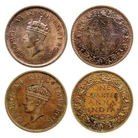 George VI, Bronze Quarter Anna (2 Coins), 1939, Calcutta Mint, Head type I, No dot, Head t