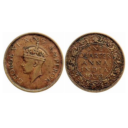 George VI, Bronze Quarter Anna, 1939, Calcutta Mint, Head type II, No dot. GK 1424. Very F