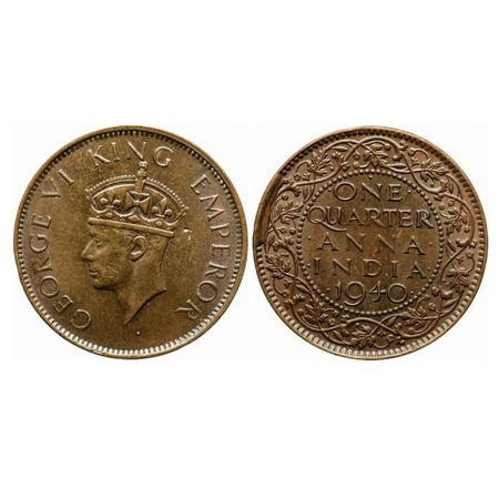 George VI, Bronze Quarter Anna, 1940, Bombay Mint, Head type II, Dot, Cud error on Reverse