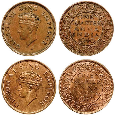 George VI, Bronze Quarter Anna (2 Coins), 1940, Calcutta Mint, head type II, No dot, Bomba