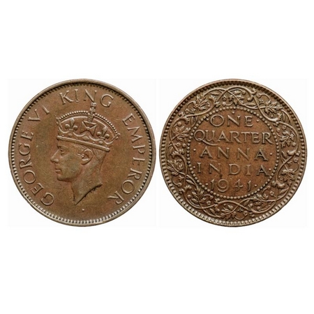 George VI, Bronze Quarter Anna, 1941, Bombay Mint, Dot above 'N' of One, Head type II. GK