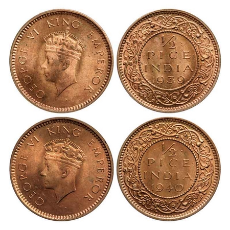 George VI, Bronze 1/2 Pice (2 Coins), 1939, Calcutta Mint, Head type I, No dot, Ghost on R