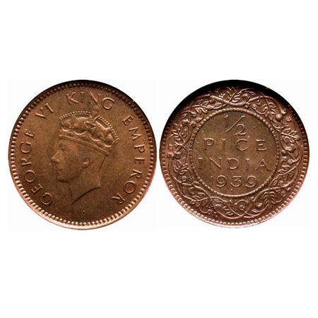 George VI, Bronze 1/2 Pice, 1939, Bombay Mint, Head type I, Dot. GK 1453. MS 62, NGS Slabb