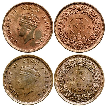 George VI, Bronze 1/12 Anna (2 Coins), 1939, Bombay mint, Head type I, Dot, Head type II,