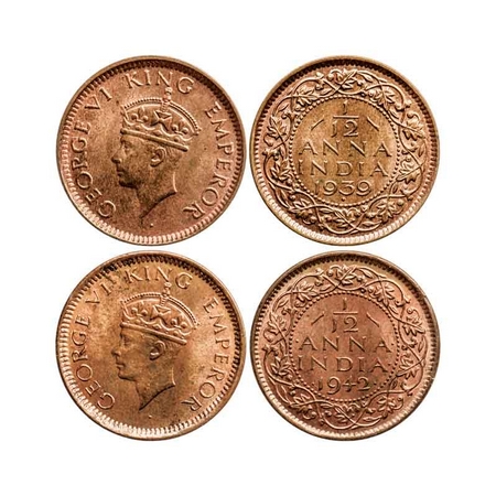 George VI, Bronze 1/12 Anna (2 Coins), 1939, Bombay mint, Head type II, Dot, Testmark on O
