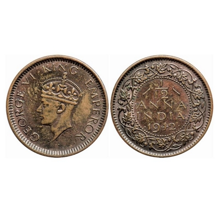 George VI, Bronze 1/12 Anna, 1942, Bombay Mint, Head type II, Dots by year. GK 1458. Extre