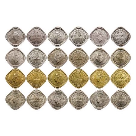George VI, 2 Annas (12 Coins), 1939, Copper-Nickel, Bombay Mint, Head type I, dots by year