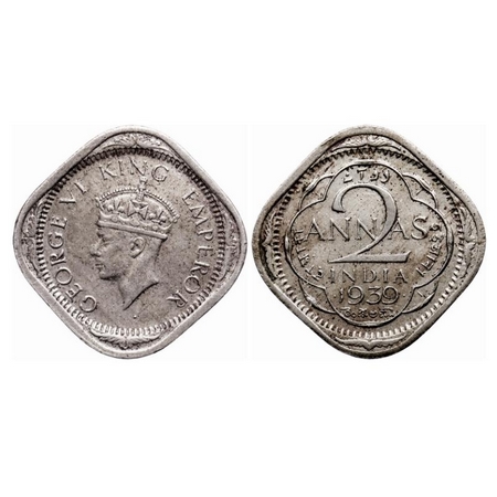 George VI, Copper-Nickel 2 Annas, 1939, Bombay Mint, Head type II, Dots by year. GK 1349. 