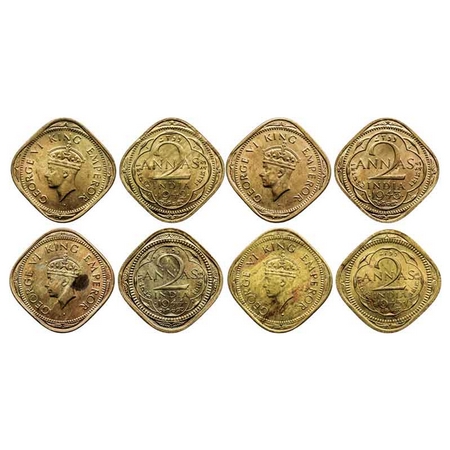 George VI, Nickel-Brass 2 Annas (4 Coins), 1942, Bombay Mint, Head type II, Dots by year,