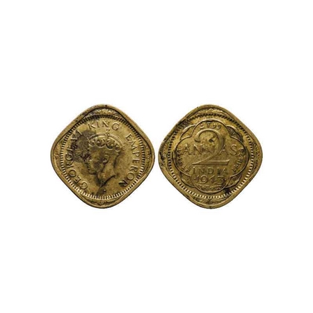 George VI, Brass Nickel, 2 Annas, 1943, Bombay Mint, Type II, Dots by year, Large numeral