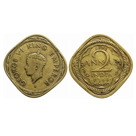 George VI, Nickel-Brass 2 Annas, 1944, Bombay Mint, Head type II, Dots by year, w/o tiny d