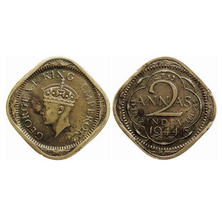 George VI, Brass-Nickel 2 Annas, 1944, Lahore Mint, Head type II, No dots by year, L raise