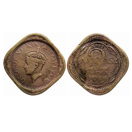 George VI, Brass-Nickel 2 Annas, 1944, Lahore Mint, Head type II, No dots by year, 'L' rai