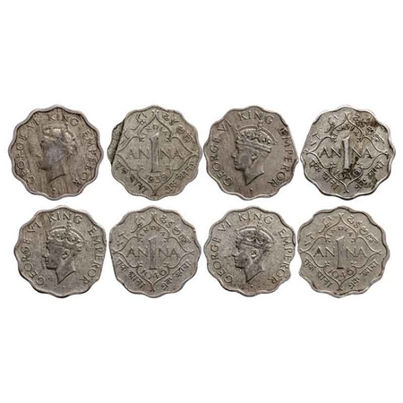 George VI, Copper-Nickel 1 Anna (4 Coins), 1939, Bombay Mint, Head type I, Dot, Planchet f