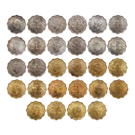 George VI, 1 Anna (14 Coins), Copper-Nickel, 1939, Bombay Mint, Head type I, Dot, 1940, Bo