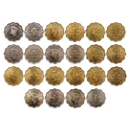 George VI, Copper-Nickel & Brass-Nickel 1 Anna (11 Coins), 1939, Bombay Mint, Head type I,