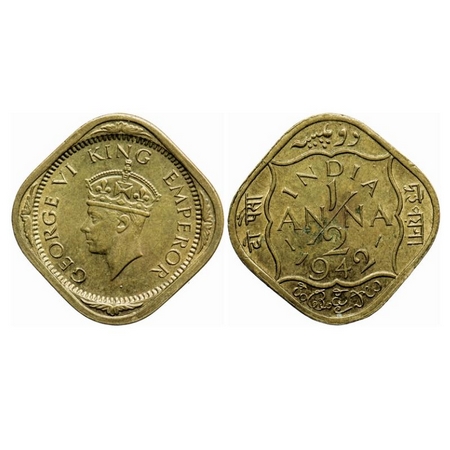George VI, Nickel-Brass 1/2 Anna, 1942, Bombay Mint, No dots by India, Dashes by year. GK 