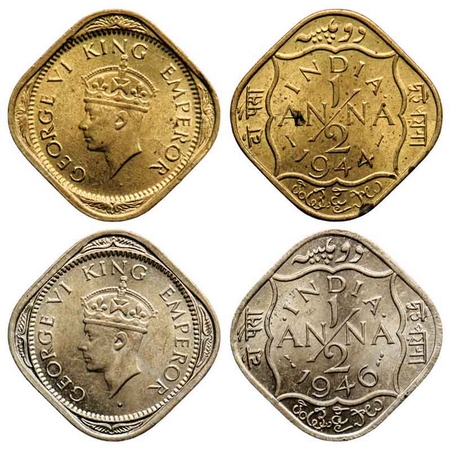 George VI, 1/2 Anna (2 Coins), Brass-Nickel, 1944, Calcutta Mint, Dots by India, Dashes by
