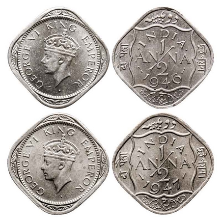 George VI, Copper-Nickel 1/2 Anna (2 Coins), 1946, Bombay Mint, Dots by INDIA, dash-dot-da