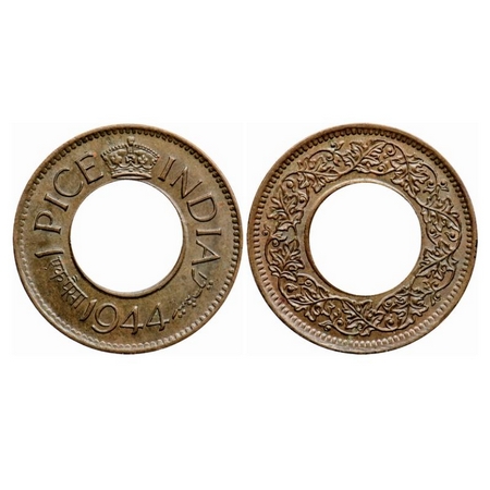 George VI, Bronze 1 Pice, 1944, Calcutta Mint, No mint mark, High crown. GK 1440. About Un