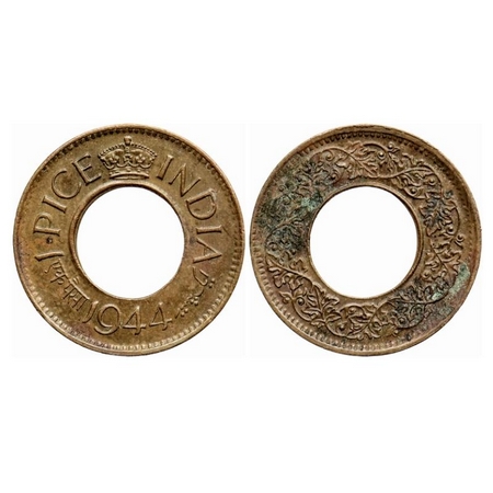 George VI, Bronze 1 Pice, 1944, Calcutta Mint, No mint mark, High crown. GK 1440. Extremel