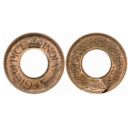 George VI, Bronze 1 Pice, 1945, Bombay Mint, Flat crown, Dot, Planchet Error on Reverse. G