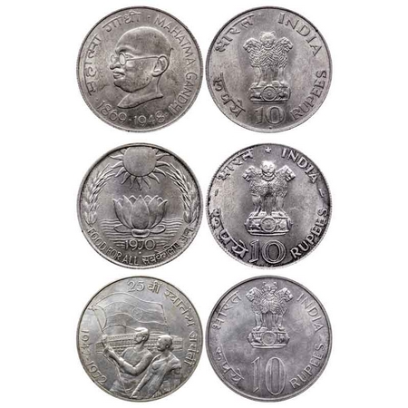10 Rupees, Silver 80%, (3 Coins), 1969 Mahatma Gandhi, 1970 Food For All, 1972, 25th Anniv