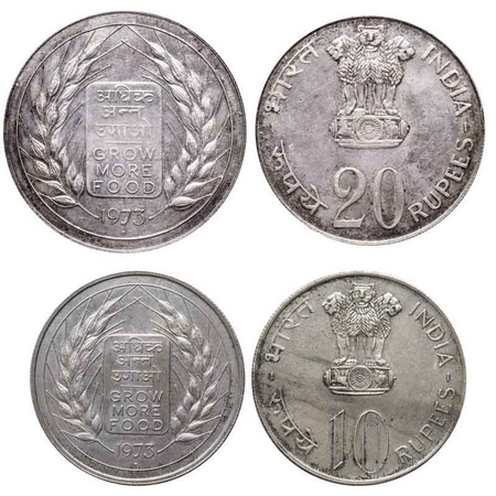10 & 20 Rupees, Silver 50%, (2 Coins), Loose Coins 1973 Grow More Food, Bombay Mint. About