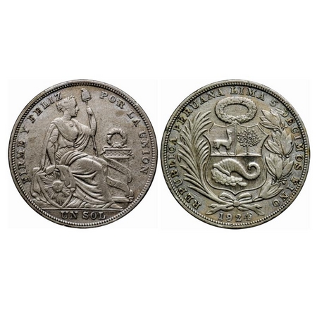 Peru, Silver Un Sol (0.500 silver), 24.68gm, 1924, Obv: National Arms, Rev: Seated Liberty